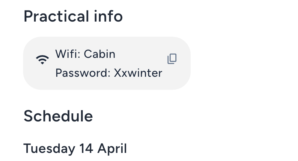 Pinned practical info for an event in Plandra